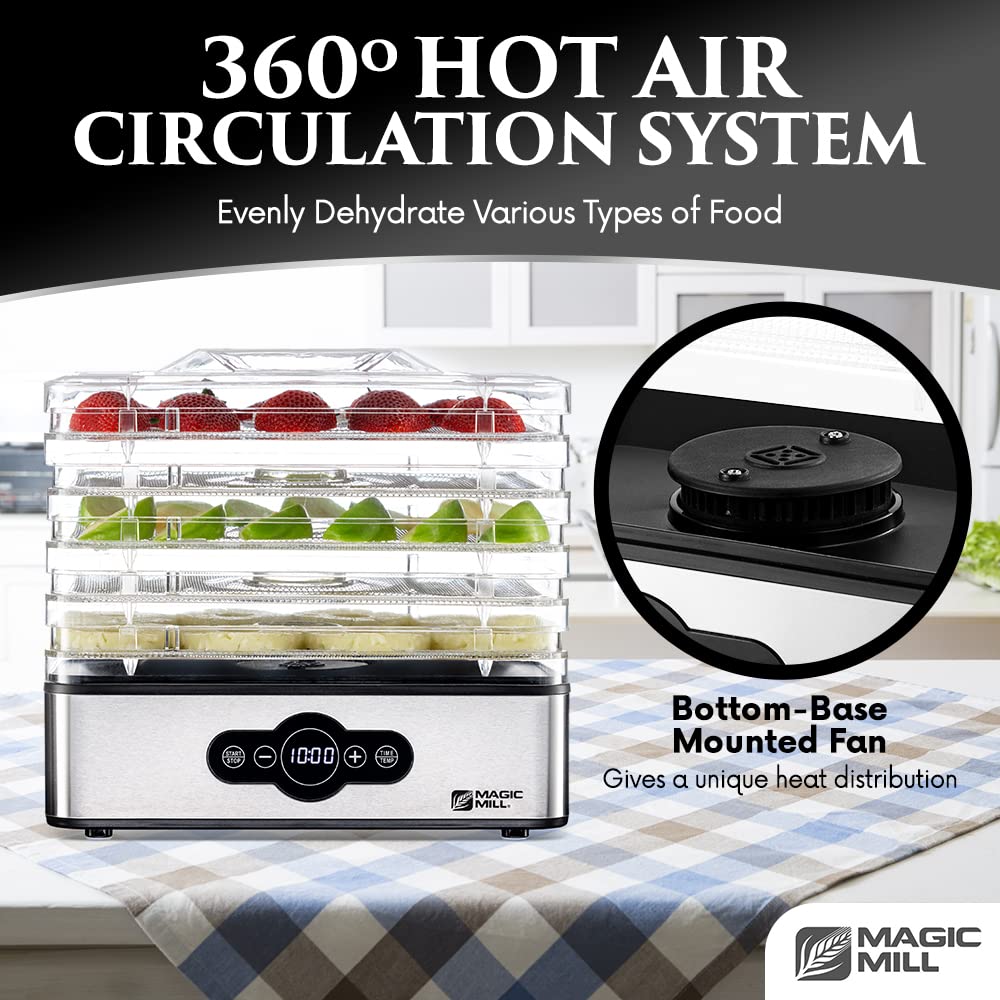 Magic Mill Food Dehydrator Machine | 5 Stackable Stainless Steel Trays Jerky Dryer with Digital Adjustable Timer & Temperature Control - Electric Food Preserver for Fruits, Veggies, Meats & Dog Treats