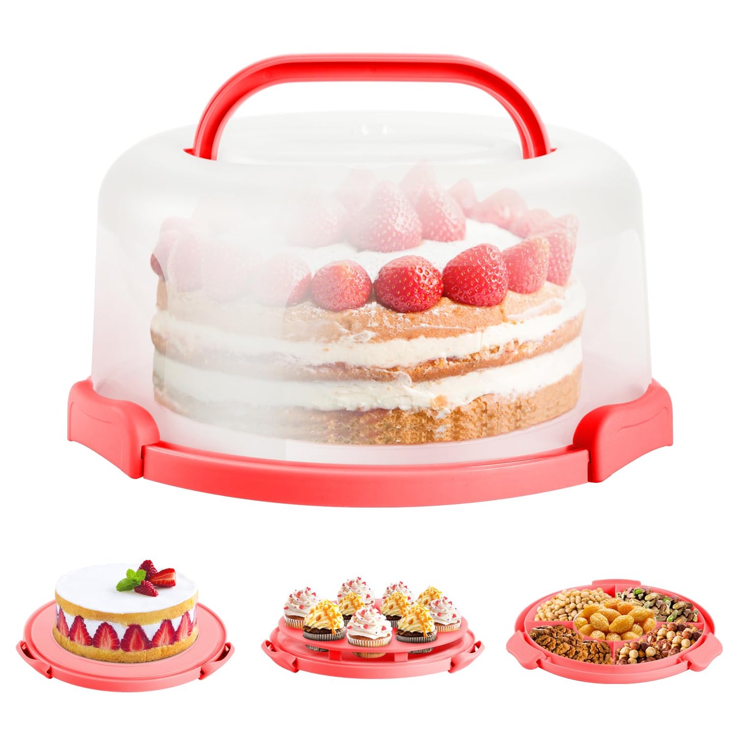 Ohuhu Cake Carrier with Lid and Handle, BPA-Free Cake Containers Cake Holder for 10 inch Cake with 2 Handles Cupcake Carrier - Plastic Cover Two Sided Base for Transport Pies Nuts Fruit Perfect Gifts