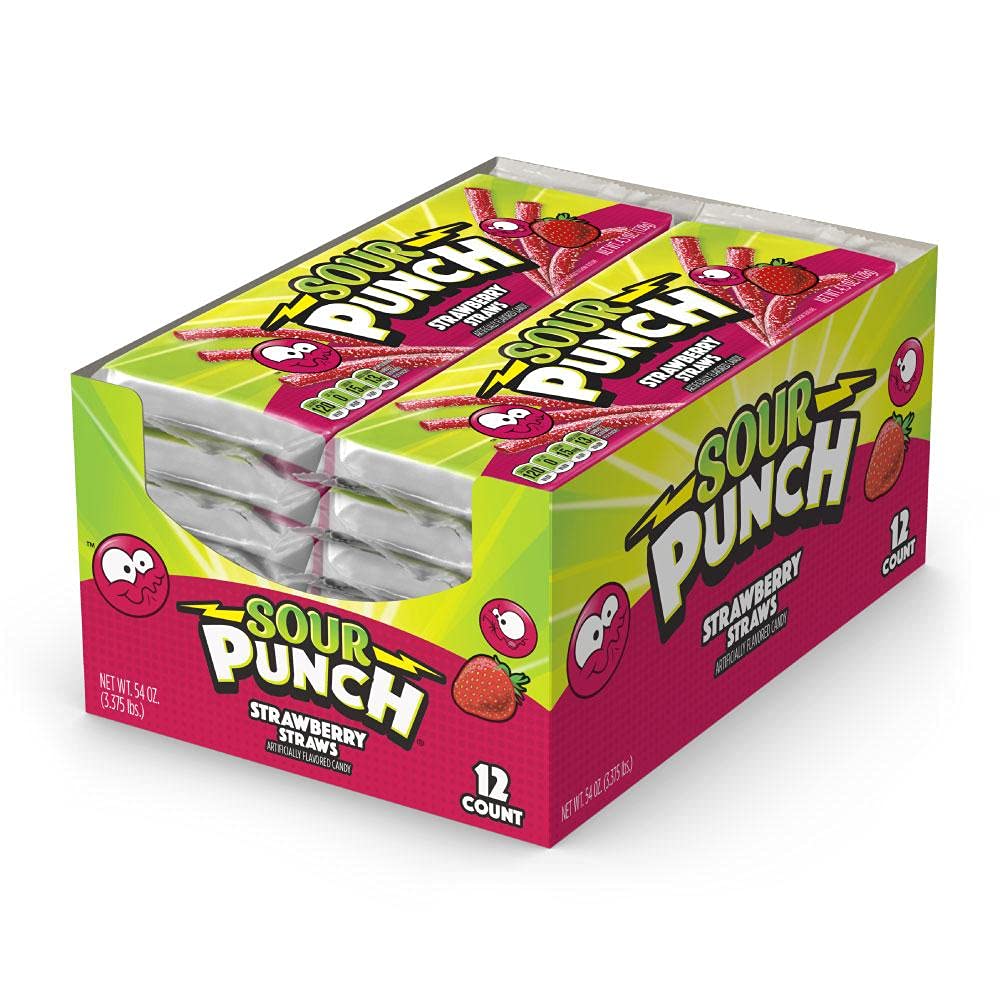 Sour Punch Straws, Sweet & Sour Flavored Soft, Chewy Candy, Tray, Blue Raspberry , 2 Ounce (Pack of 24)