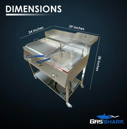 Gas Shark Deep Fryer and Griddle Cart | 20" Griddle | 30 lb 3.5 Gallon Single Tank Deep Fryer | 2 Fryer Baskets | Serving Shelf | Outdoor Propane | Stainless Steel | Portable for Commercial & Home Use