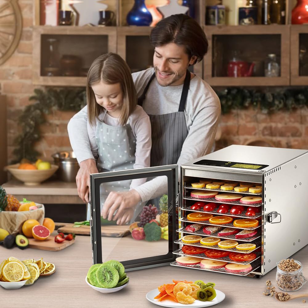 Сушарка для харчових продуктів Cercker, 8 лотків з нержавіючої сталі, потужність 500 Вт, для сушіння трав, в'яленого м'яса, грибів (до 88°C), з 24-годинним таймером для фруктів, овочів, йогуртів та ласощів для собак