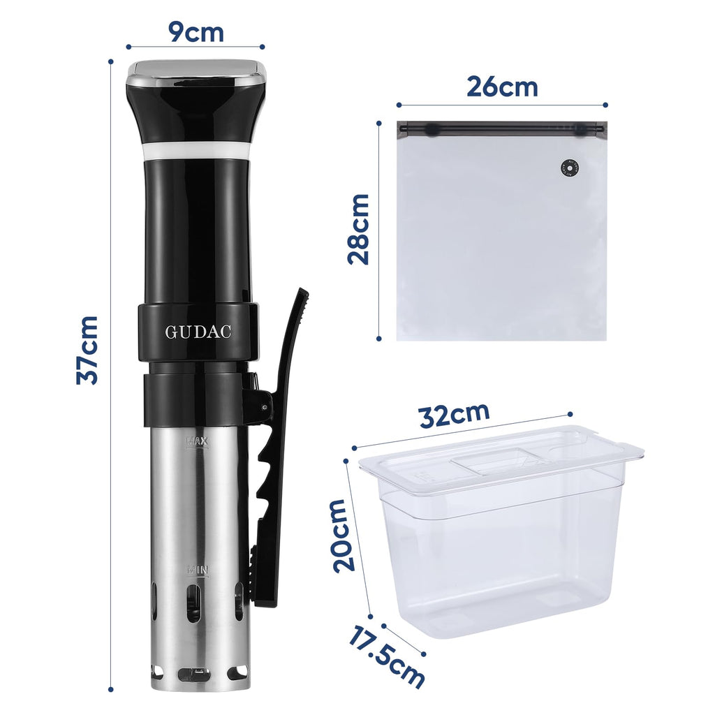 Gudac Sous Vide Precision Cooker, 1100 W, zestaw do gotowania Sous Vide, cyrkulator zanurzeniowy, z 6-litrowym pojemnikiem na wodę i 10 workami Sous Vide