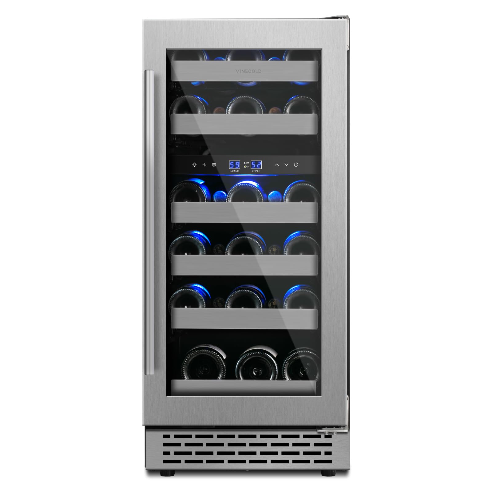 VINECOLD 15 Inch Wine Fridge Under Counter, Dual Zone 28 Bottle Wine Cooler Refrigerator, Seamless Reversible Door,New Upgrade Built-in/Freestanding Wine Cooler for Home and Kitchen