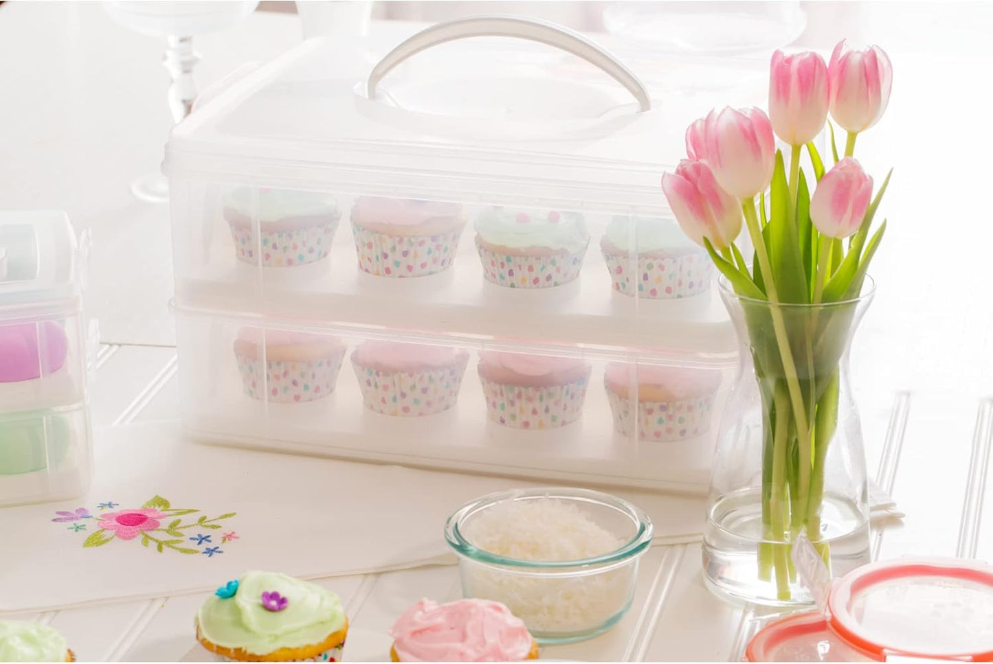 Snapware (2-Layer, 24 Cupcakes Plastic Detachable Cupcake Carrier Storage Container With Lid and Handle, Freezer Dishwasher Microwave Safe