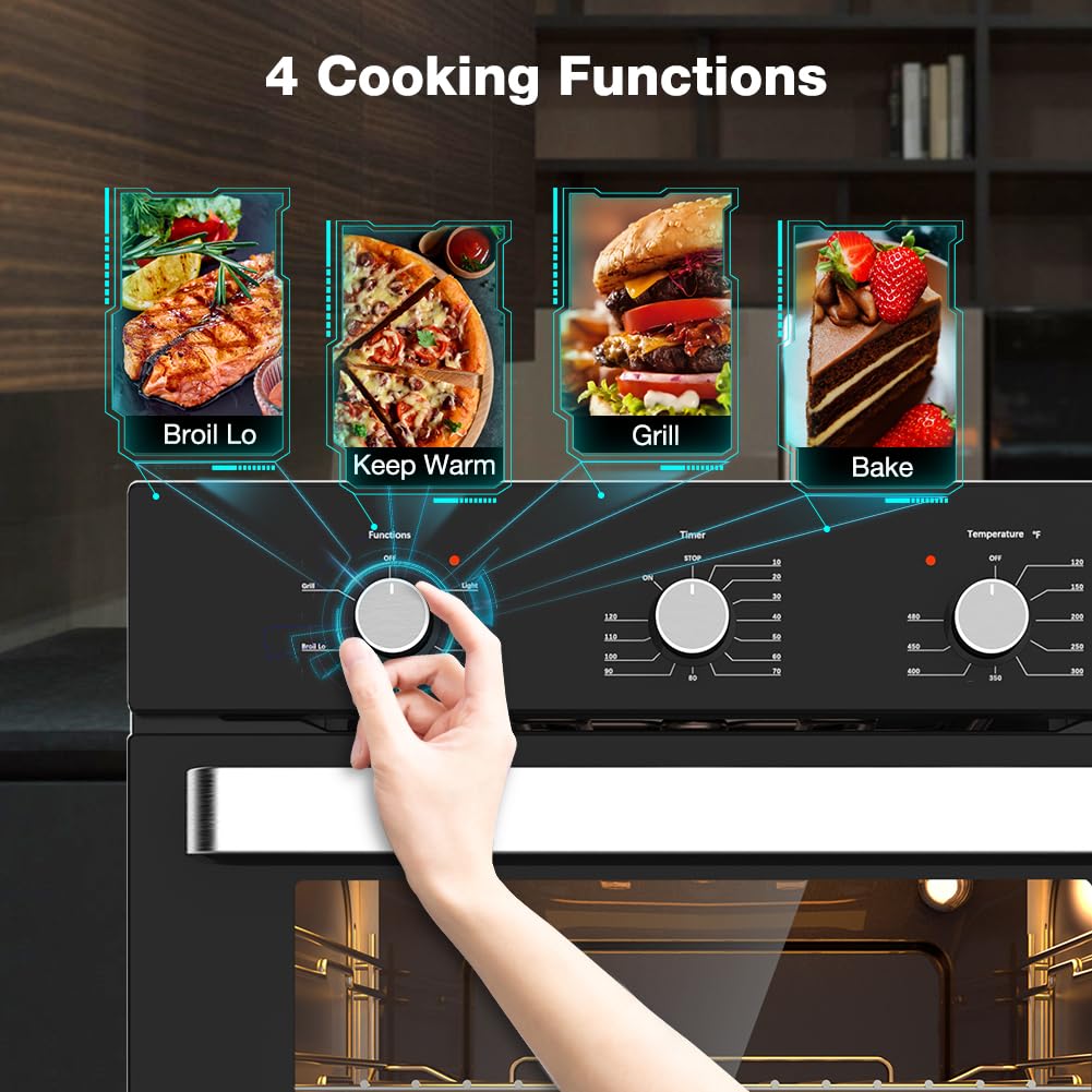 24 Inch Single Wall Oven, ETL Certified, thermomate 2.79 Cu. Ft. Built-in Electric Wall Oven with 5 Cooking Functions, Built-in Ovens with Mechanical Knobs Control, Black Tempered Glass Finish