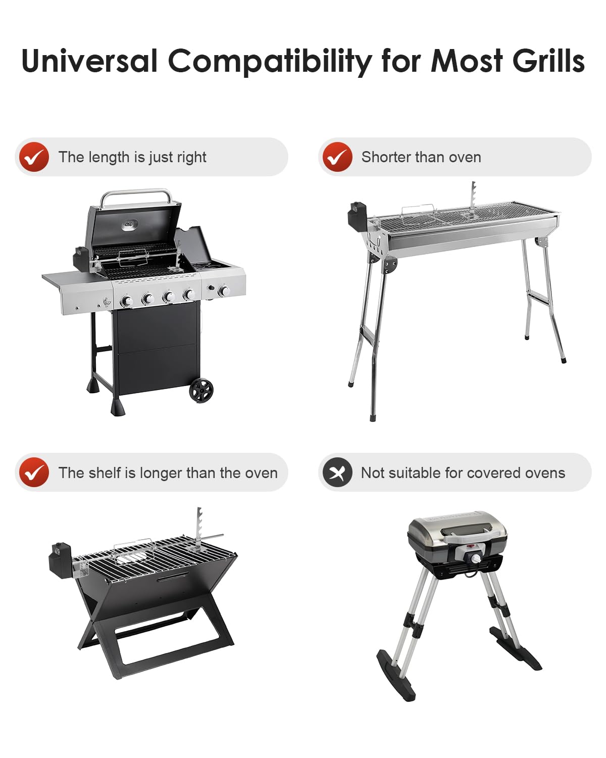 Rotisserie Grill Kit, Automatic Rotating BBQ, UL Certificated Universal Grill Rotisseries with 120V 4W Motor, 28” Spit Rod, 2 x 4 Forks, Complete Holders, and Fixing Screw for Backyard and Outdoor