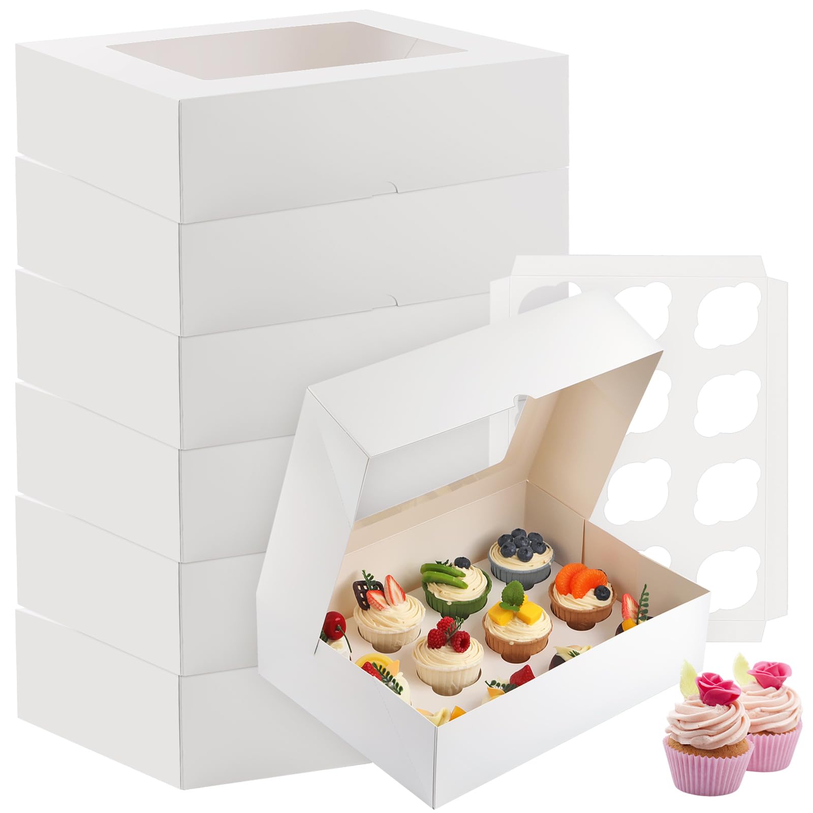 Cupcake Boxes, 2 Pack Disposable Cupcake Containers, Food Grade Cupcake Carrier 12 Count with Window and Inserts, Cupcake Transport Holders Bulk for Muffins Cookies Treats Dessert（White）