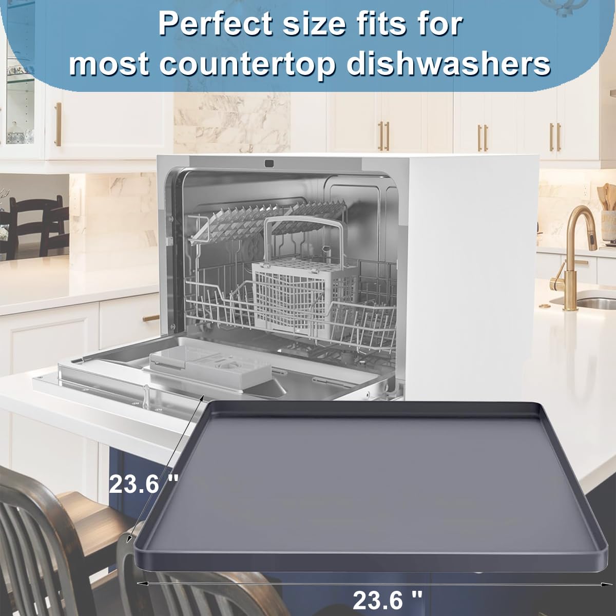 Dishwasher Pan Dishwasher Drain Pan Mat, Portable Dishwasher Silicone Mat with Raised Edge, Small Dishwasher Drip Pan Dishwasher Tray for Leaks, Non-Slip Waterproof Protector Pad, 24''x24'' No Hole