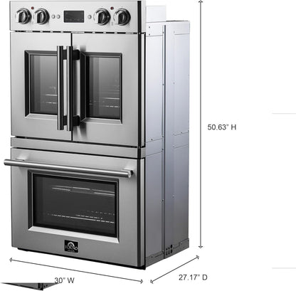 FORNO Gallico 30-Inch Electric French Door Double Oven - 240V 7000W 7.36 cu. ft. Electric Oven with LED Display Screen - Wall Oven with 4 Stainless Steel Racks, Safety Lock, Mechanical Knobs Control