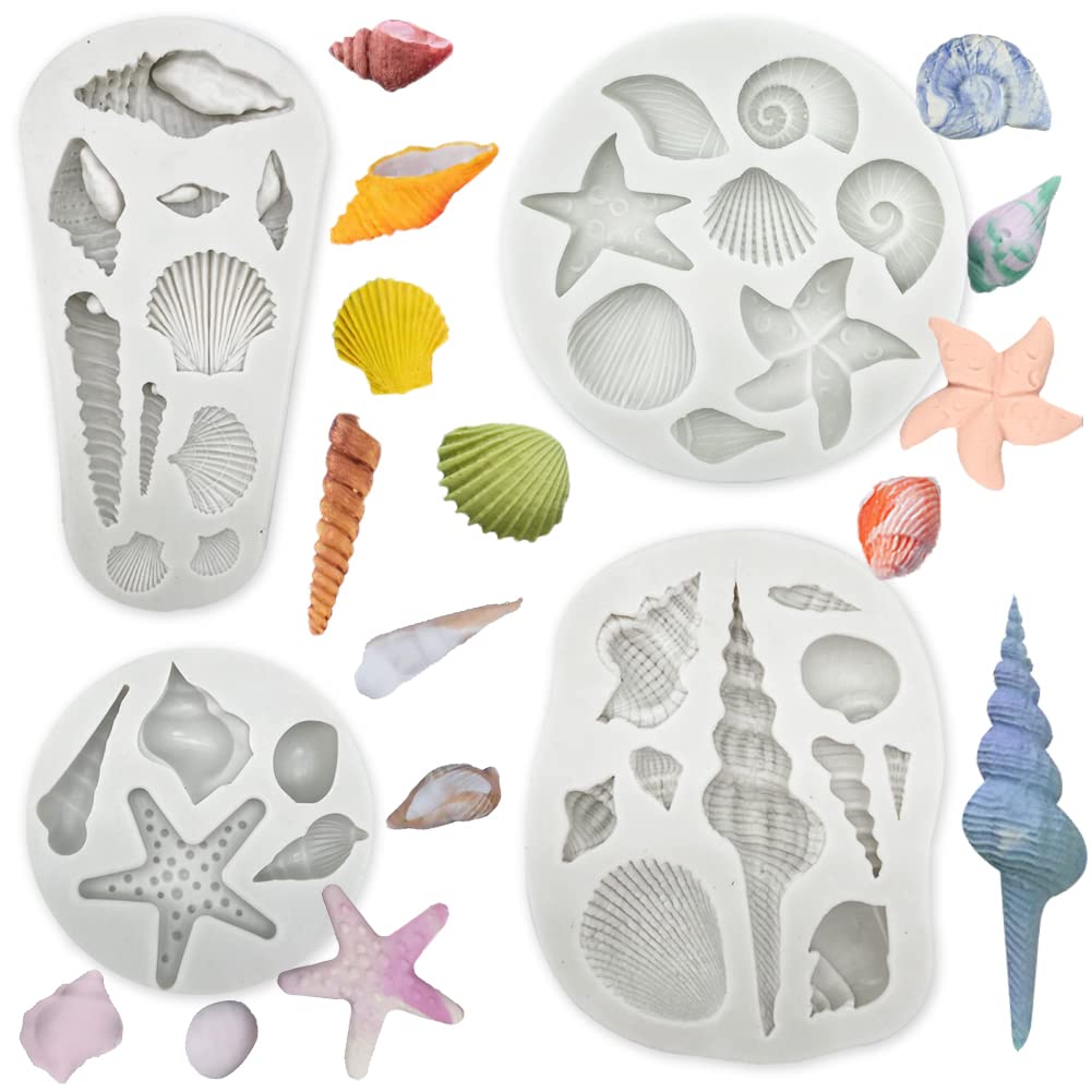 3 PCS Marine Theme Cake Fondant Silicone Mold Seashell Conch Starfish Coral Baking Molds for DIY Cake Decoration Chocolate Candy Polymer Clay Crafting Projects
