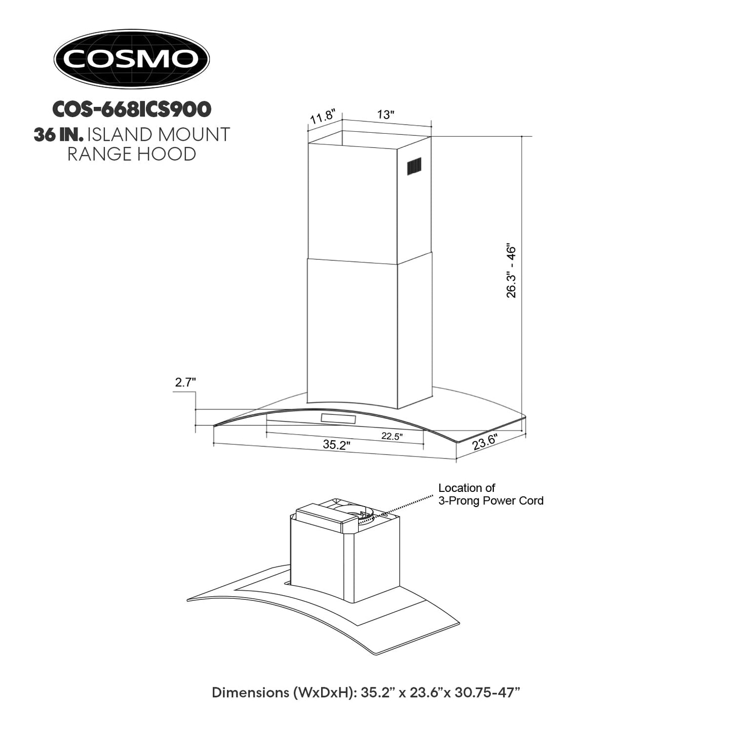 COSMO COS-668ICS900 36 in. Lumin Collection 380 CFM Ducted Island Range Hood, Soft Touch Controls, LED Lights, Stainless Steel