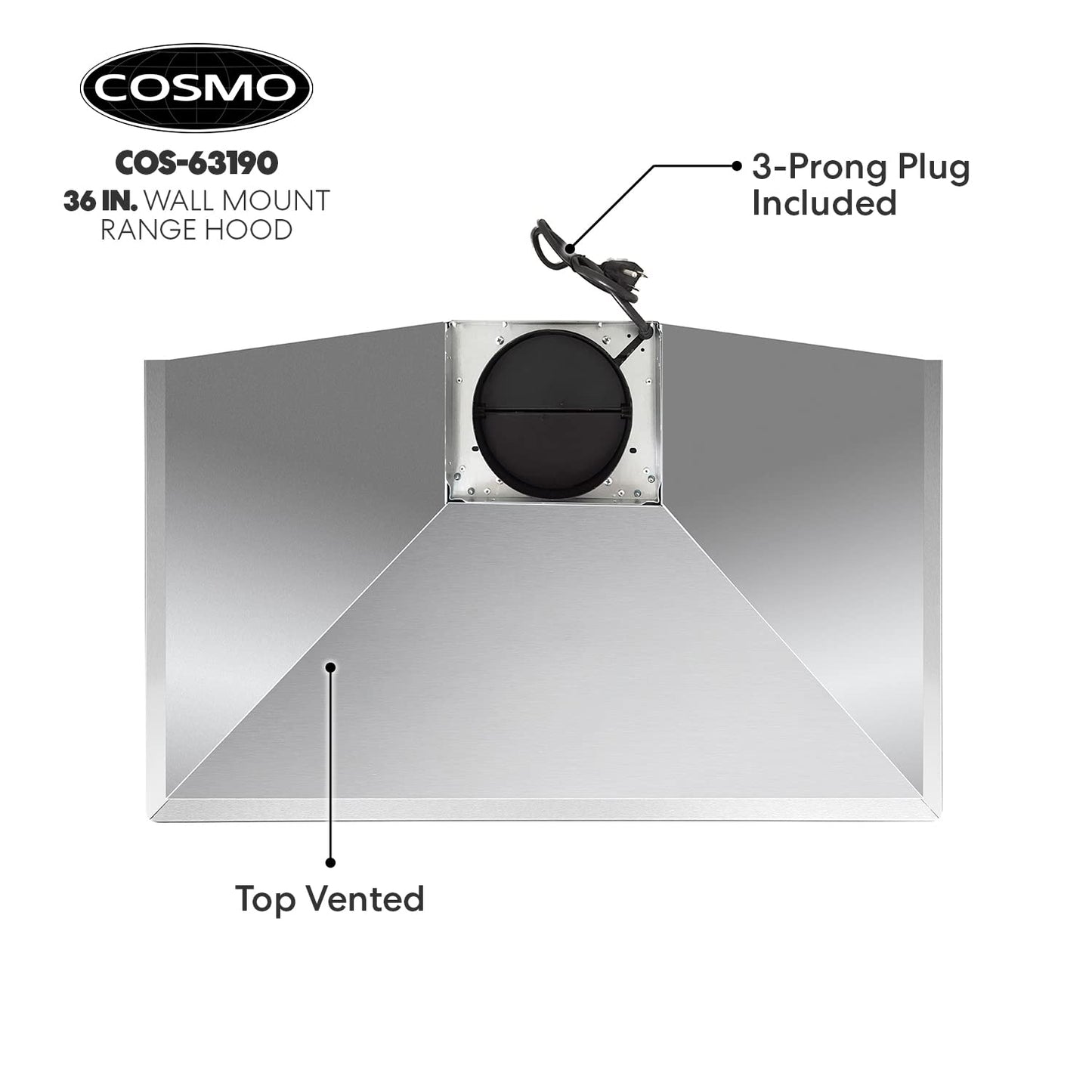 COSMO COS-63190 36 in. Vista Collection 380 CFM Ducted Wall Mount Range Hood, Button Controls, LED Lights, Stainless Steel