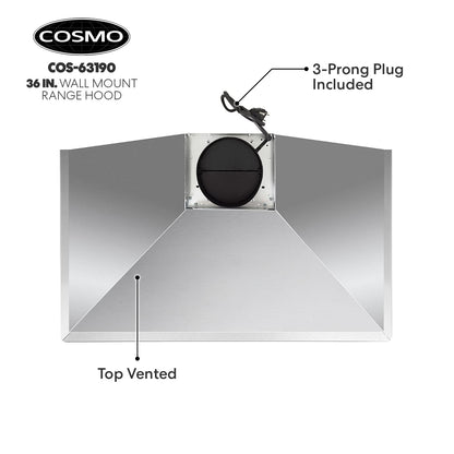 COSMO COS-63190 36 in. Vista Collection 380 CFM Ducted Wall Mount Range Hood, Button Controls, LED Lights, Stainless Steel