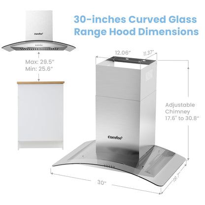 COMFEE' CVG30W8AST 30 Inches Ducted Wall Mount Vent Range Hood with 450 CFM 3 Speed Exhaust Fan, Baffle Filters, Curved Glass, 2 LED Lights, Convertible to Ductless, Stainless Steel