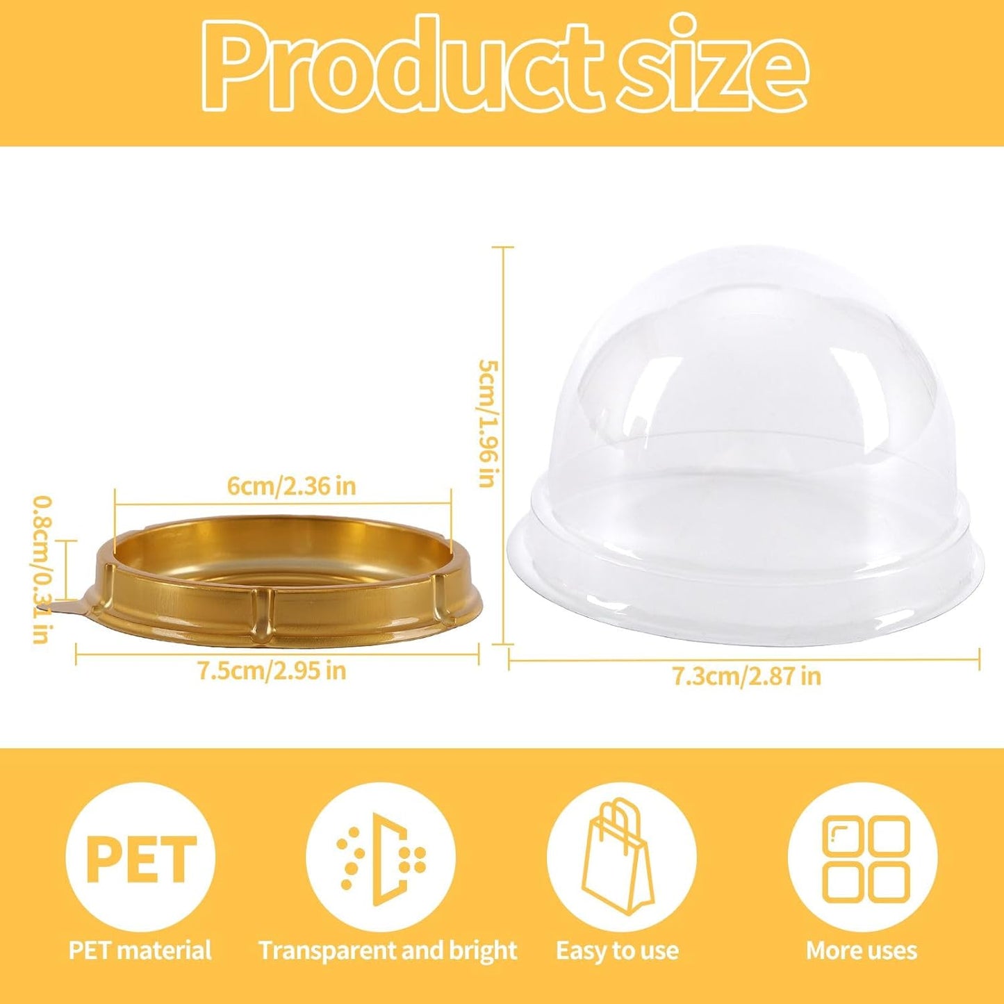 Hewnda 50 Pack 2 Inch Clear plastic mini cake box muffins box cookies cookies muffins dome box wedding birthday gift box(Gold)