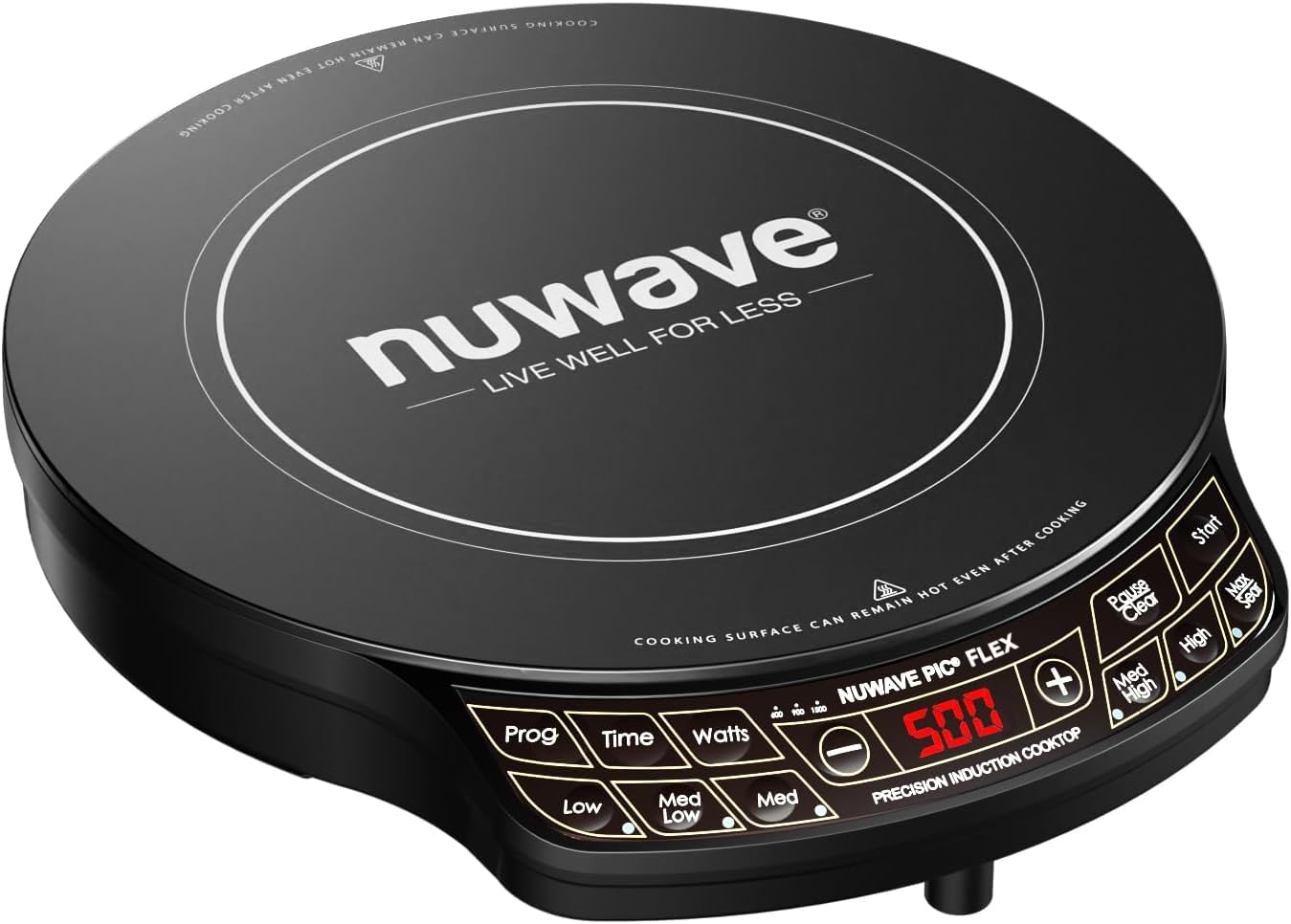 Індукційна варильна поверхня Nuwave Precision, ударостійке склокерамічне скло 10,25 дюйма, нагрівальна спіраль 6,5 дюйма, 45 температур від 100°F до 500°F, 3 режими потужності: 600, 900 та 1300 Вт