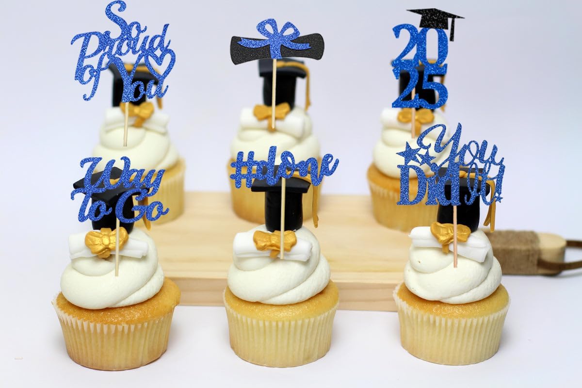 Graduation Decorations 2025 Blue, Graduation Cupcake Toppers 2025 Blue Black, Glitter Class of 2025 Cupcake Toppers Supplies, Class of 2025 Congrats Grad Cap Diploma Cupcake Picks - 40Pcs