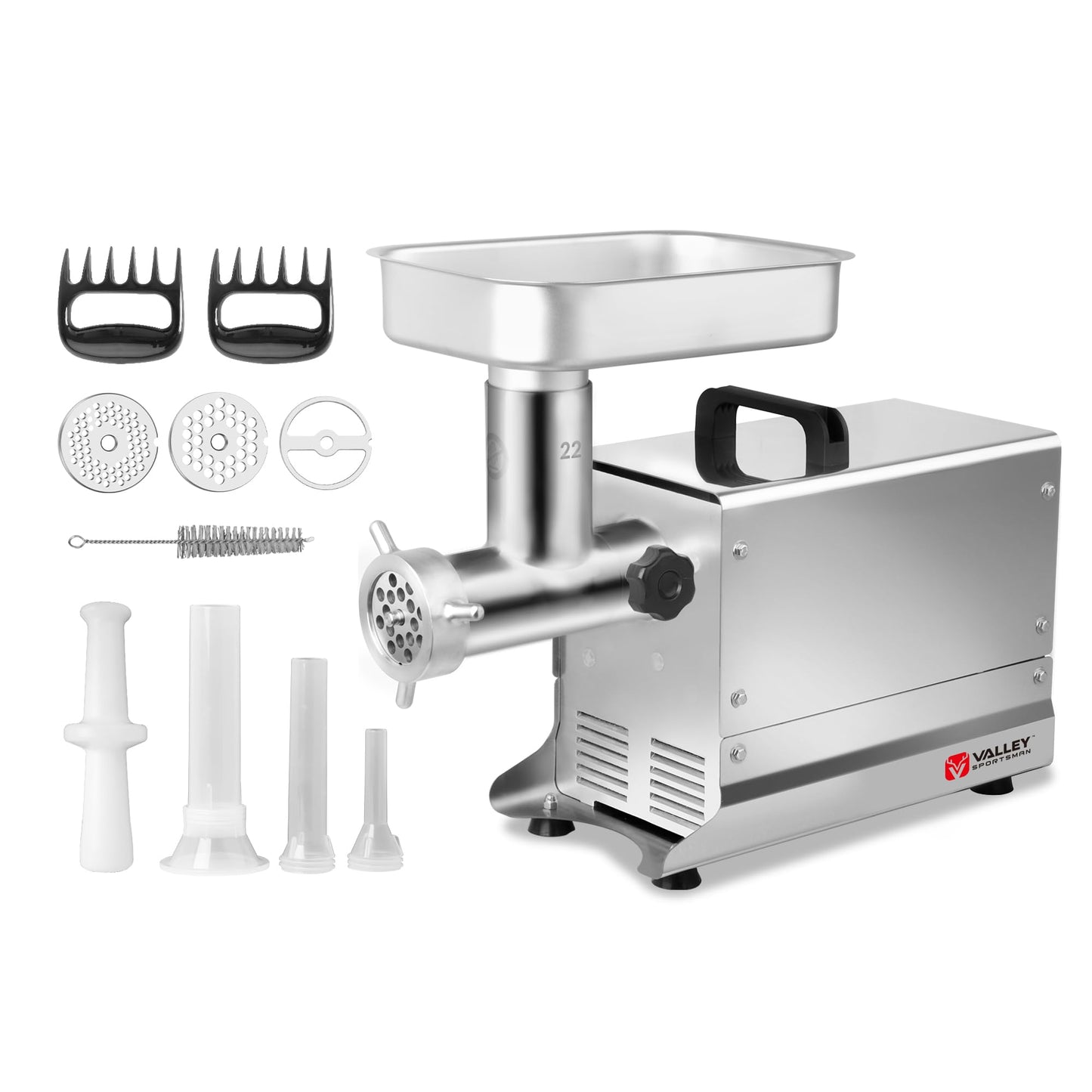 Valley Sportsman #22 Stainless Steel Meat Grinder, 1 HP 750W, Mirror Polishing, Heavy Duty, Sausage Stuffer with 4.5mm/10mm Grinding Plates, Sausage Tubes & Meat Stomper, for Commercial & Daily Use