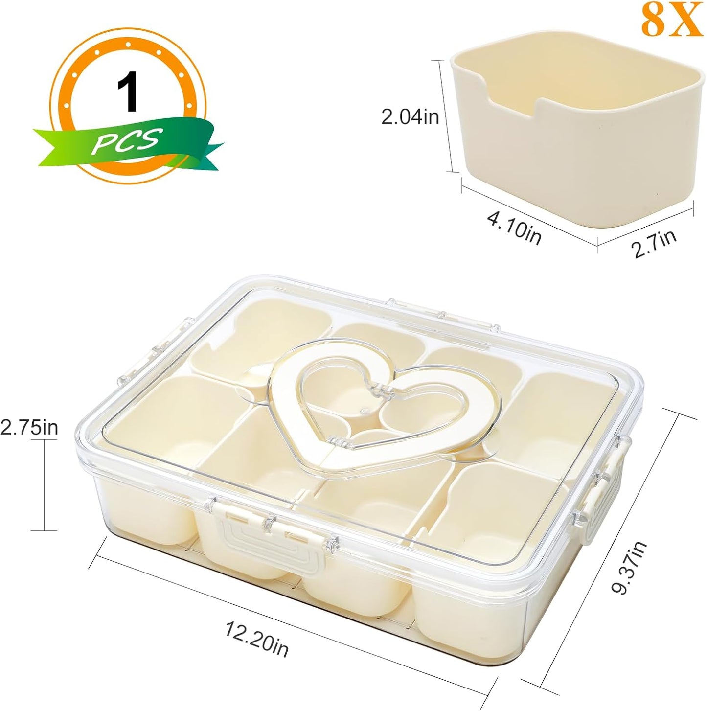 Divided Serving Tray with Lid and Handle,Snackle Box Containers with 8 Compartment,Portable Snack Serving Platters Reusable Storae Organizer for Fruits,Nuts,Candy,Party,Picnic,Veggies