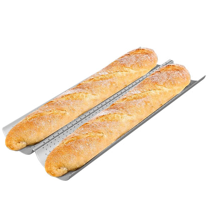 AMAGABELI GARDEN & HOME Baguette Bread Pan 15" x 13" Nonstick Perforated Baguette Tray French Bread Baking 4 Wave Loaf Bake Mold Toast Cooking Baker Molding Gutter Oven Toaster Dishwasher Safe Silver