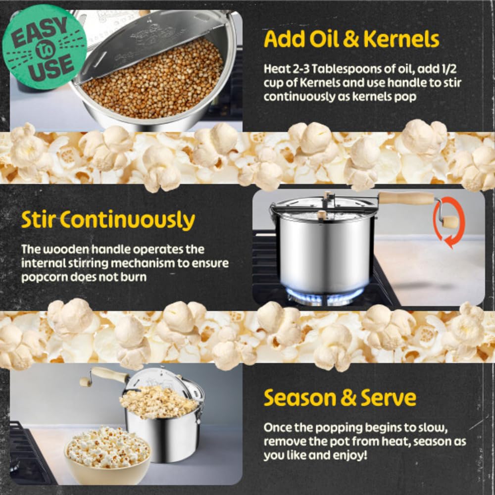 Maszyna do popcornu na kuchenkę - 6,5-kwartowa stal nierdzewna do popcornu z korbką ręczną, pokrywką z otworem wentylacyjnym i mieszadłem firmy Great Northern Popcorn (srebrna)