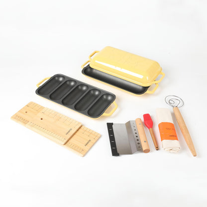 HAWOK Enameled Cast Iron French Baguette Baker, Hot Dog Bake Tray, Baguette Pan with Handles and Lid, Navy Blue