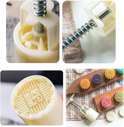 Moon Cake Mold 6 PCS, Mid Autumn Festival DIY Hand Press Cookie Stamps Pastry Tool Moon Cake Maker, Flower Mode Patterns 1 Mold 6 Stamps 50g (White).