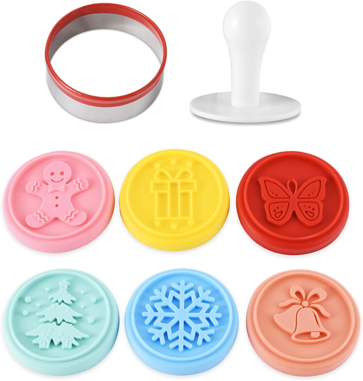 Cookie Stamp-a Set of 6 Colorful Silicone Cookie Stamp Press, Ring Cutter and Handle for Christmas and Daily Baking