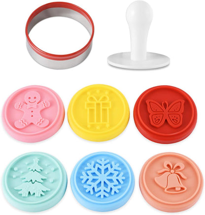 Cookie Stamp-a Set of 6 Colorful Silicone Cookie Stamp Press, Ring Cutter and Handle for Christmas and Daily Baking