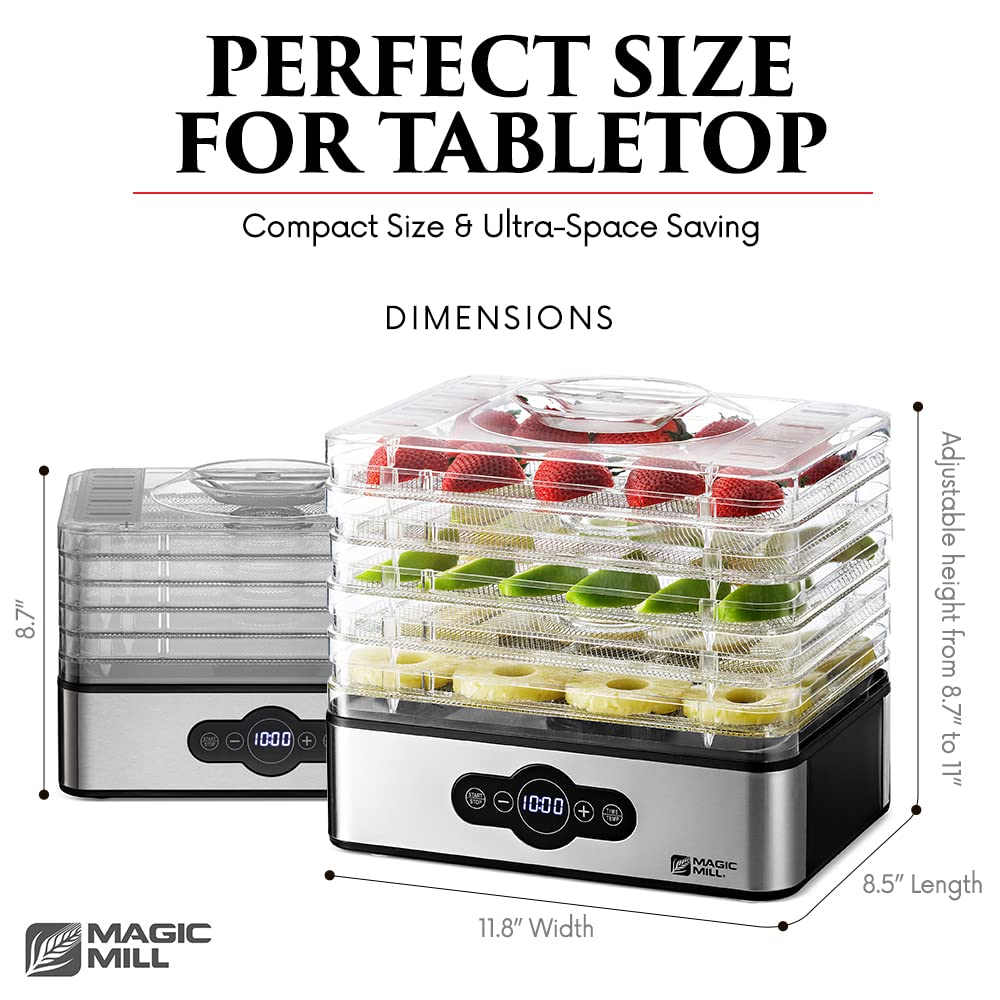 Magic Mill Food Dehydrator Machine | 5 Stackable Stainless Steel Trays Jerky Dryer with Digital Adjustable Timer & Temperature Control - Electric Food Preserver for Fruits, Veggies, Meats & Dog Treats