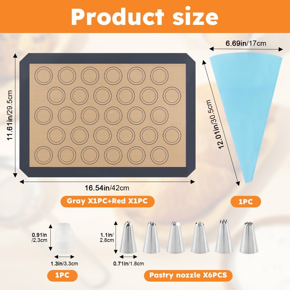 16Pcs Macaron Silicone Baking Mats Kit, Reusable Nonstick Macarons Baking Supplies Silicone Bakeware Mats with Baking Tools for Oven, Cookie, Bread(Brown,Size:16.5x11.6inch)