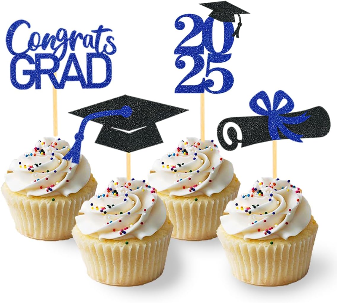 24Pcs Graduation Cupcake Toppers, Graduation Cupcake Picks for Cupcake Food Decorations - Class of 2025 Cupcake Toppers Supplies (Blue)
