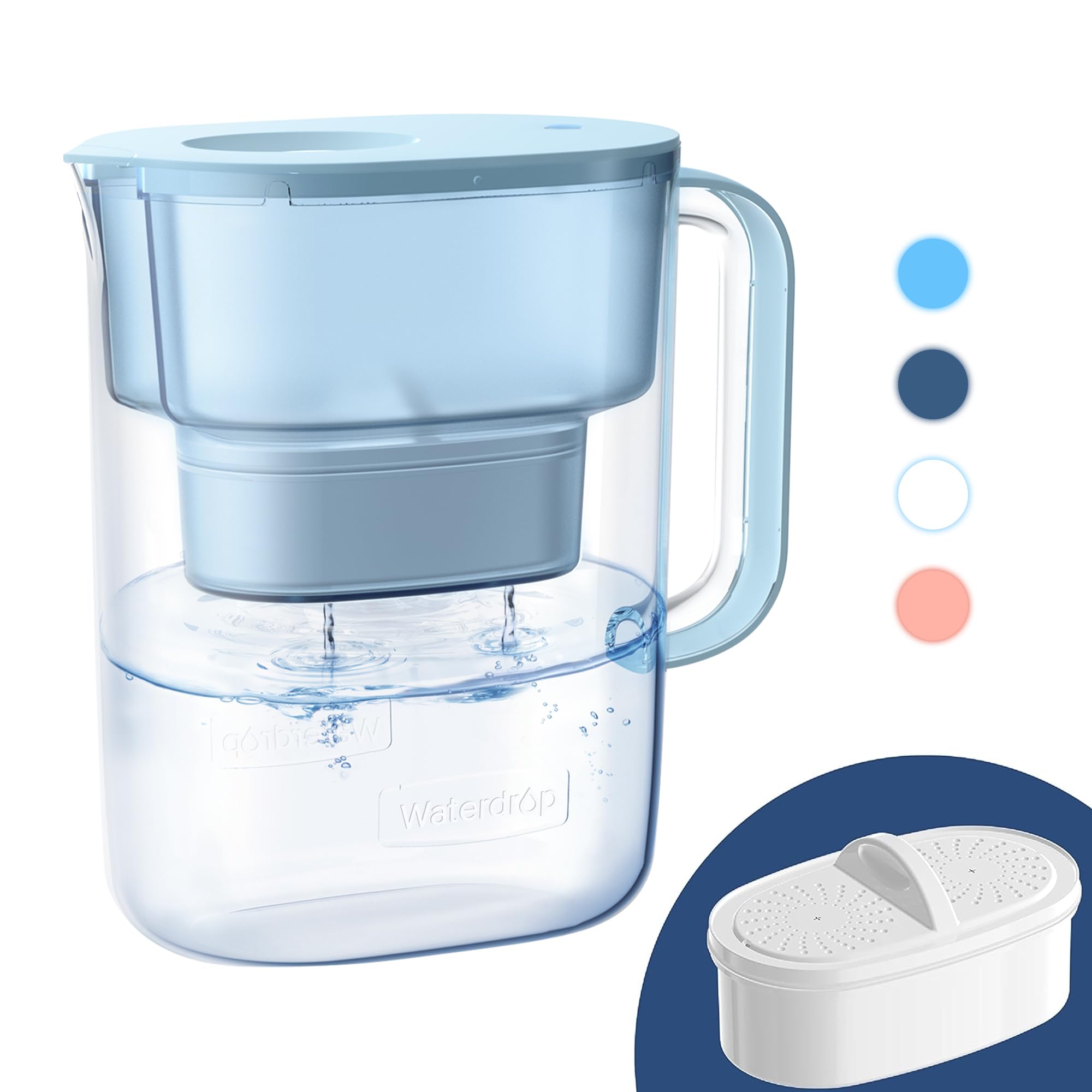 Dzbanek filtrujący wodę Waterdrop z 1 filtrem, 200 galonów, długa żywotność, 10-kubkowy duży dzbanek filtrujący wodę, certyfikat NSF, 5-krotnie dłuższa żywotność, redukuje PFOA/PFOS, chlor, niebieski