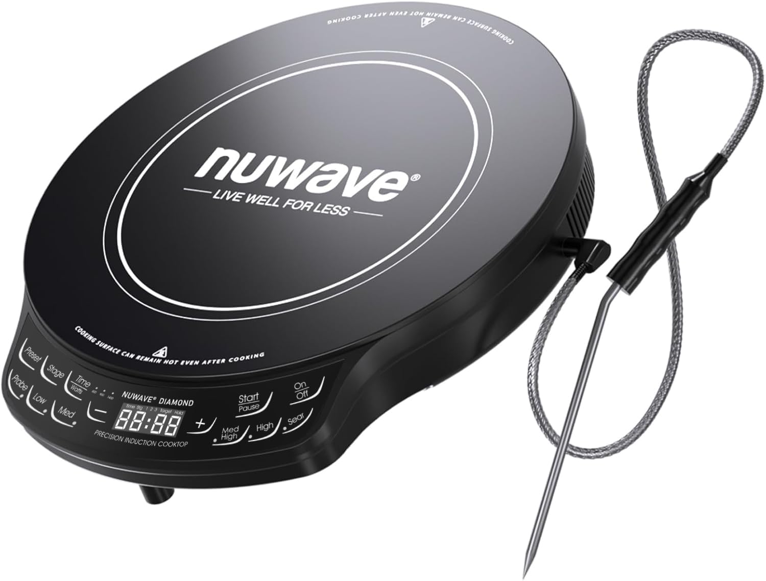Kuchenka indukcyjna Nuwave Diamond, nowy i ulepszony palnik elektryczny z sondą, 91 temperatur od 50°F do 500°F, 6,5-calowa cewka grzewcza, odporne na stłuczenie szkło ceramiczne, 3 ustawienia mocy, idealna do akademików, kamperów i mieszkań