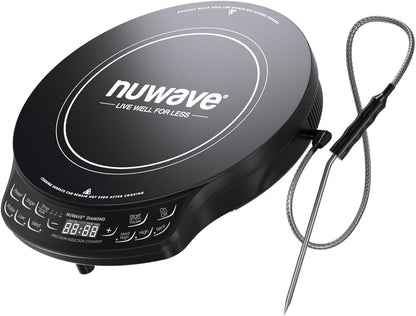 Nuwave Diamond Induction Cooktop, New & Improved Electric Burner with Probe, 91 Temps 50°F to 500°F, 6.5” Heating Coil, Shatter-Proof Ceramic Glass, 3 Wattage Settings, Ideal for Dorms, RVs & Apts