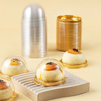 Zezzxu 50 Pack Mini Bundt Cake Containers, Clear Plastic Small Cupcake Boxes with Dome Lids for Individual Chocolate Covered Cookies, Strawberry, Mooncake (Gold)