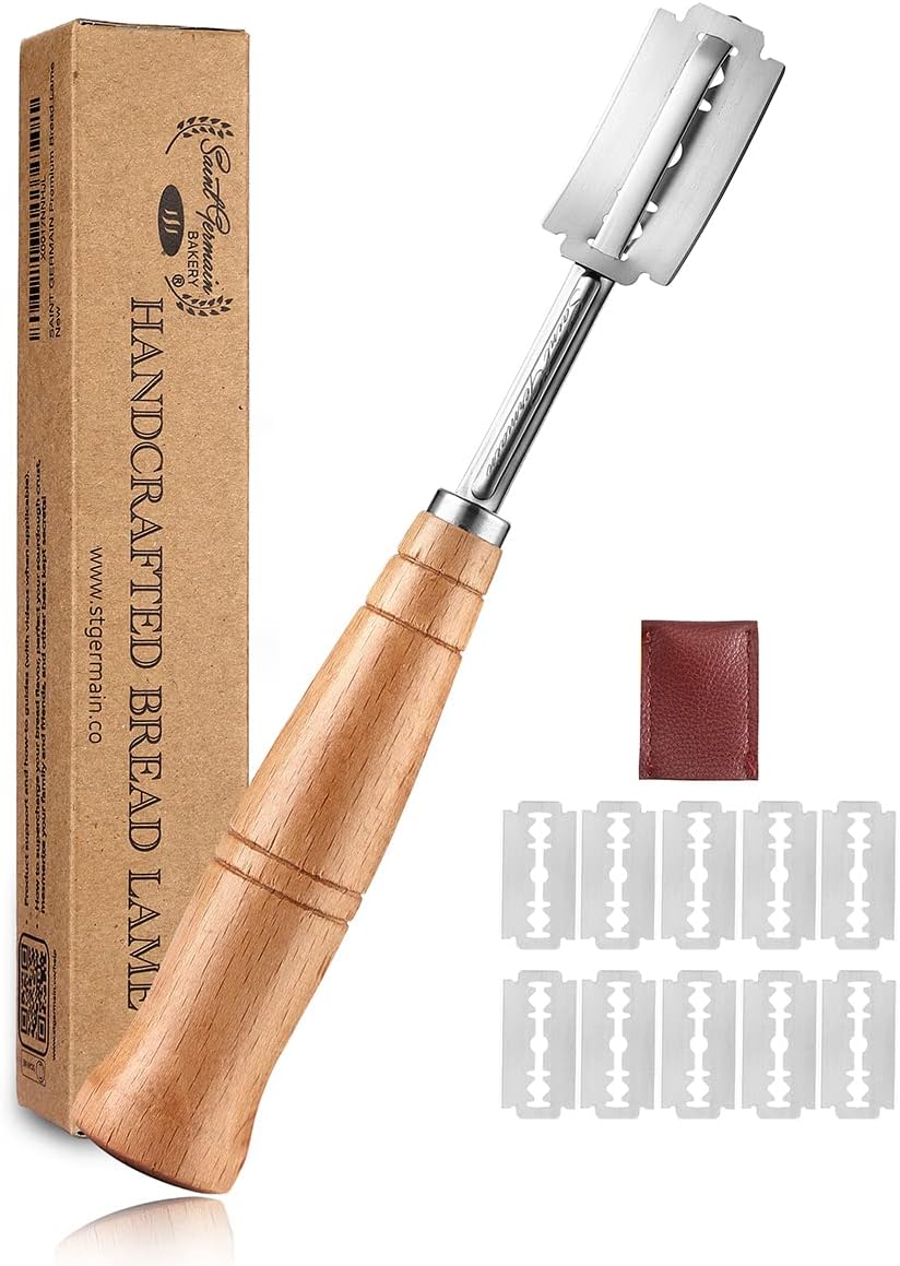 SAINT GERMAIN Premium Hand Crafted Bread Lame for Dough Scoring Knife, Tool Sourdough Slashing with 10 Blades Included Replacement Authentic Leather Protector Cover