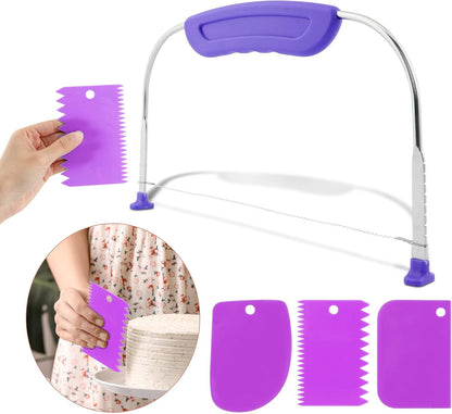 JIANWEI Adjustable Cake Leveler and Scraper Set, 4pcs Decorating Kit, Large Size Slicer, Decorating Comb, Pastry Cutter for Mousse Butter Cream (Purple)