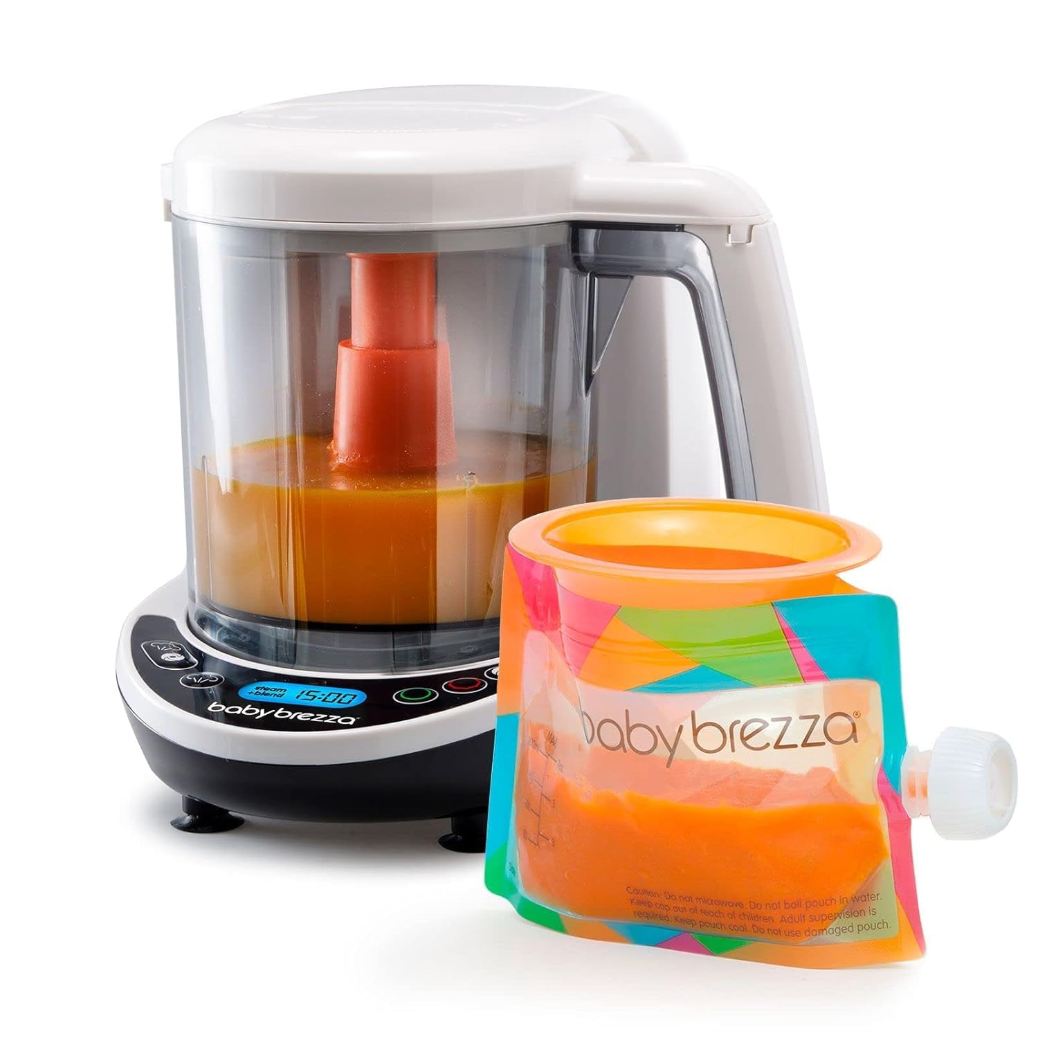 Baby Brezza One Step Baby Food Maker Deluxe – automatyczne wyłączanie, możliwość mycia w zmywarce, urządzenie do gotowania na parze i miksowania ekologicznego jedzenia dla niemowląt i małych dzieci – zestaw 3 saszetek + 3 lejki
