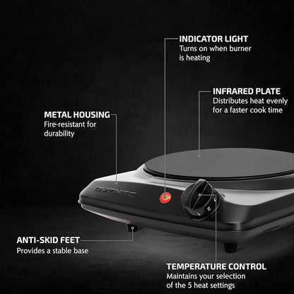 OVENTE Countertop Infrared Single Burner, 1000W Electric Hot Plate with 7” Ceramic Glass Cooktop, 5 Level Temperature Setting & Easy to Clean Base, Compact Stove for Home Dorm Office, Black BGI101B