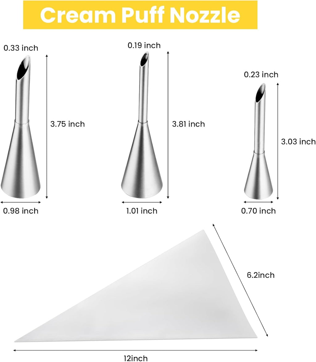 3Pcs Cream Icing Piping Nozzle Tips,Stainless Steel Long Puff Nozzle Tip With 10Pcs Disposable Piping Bags,Puff Pastry Filling Cake Decorating Tools