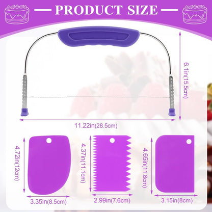 JIANWEI Adjustable Cake Leveler and Scraper Set, 4pcs Decorating Kit, Large Size Slicer, Decorating Comb, Pastry Cutter for Mousse Butter Cream (Purple)