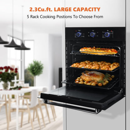 Single Wall Oven, thermomate 24 Inch Electric Wall Oven with 5 Cooking Functions, 2000W Built-in Ovens with Mechanical Knobs Control, Black Tempered Glass Finish, ETL Certified