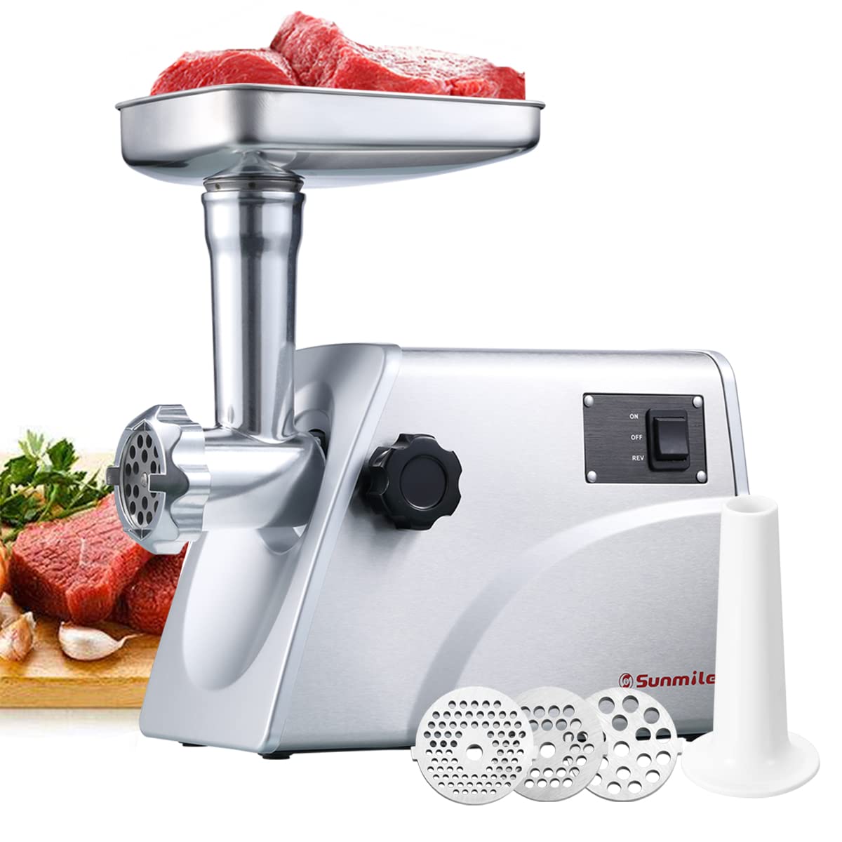 Sunmile SM-G33 Electric Meat Grinder - 1HP 800W Max Power - ETL Stainless Steel Meat Grinder Mincer Sausage Stuffer, Stainless Steel Blade and Plates and 1 Sausage Maker