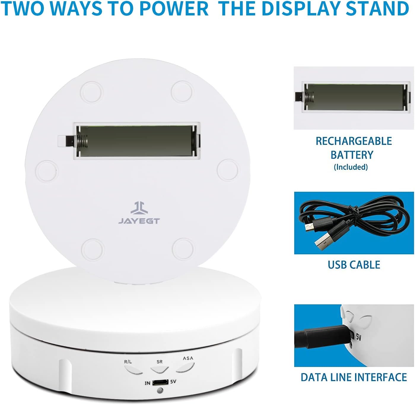 JAYEGT Motorized Rotating Display Stand, 5.74inch /22LB Load, 360 Degree Electronic Turntable Display Stand for Photography Products Shows, Jewelry, Watch, 3D Models, Cake, White
