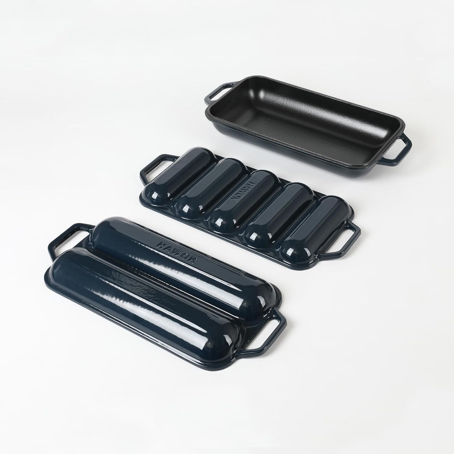 HAWOK Enameled Cast Iron French Baguette Baker, Hot Dog Bake Tray, Baguette Pan with Handles and Lid, Navy Blue