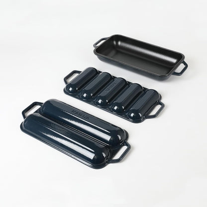 HAWOK Enameled Cast Iron French Baguette Baker, Hot Dog Bake Tray, Baguette Pan with Handles and Lid, Navy Blue