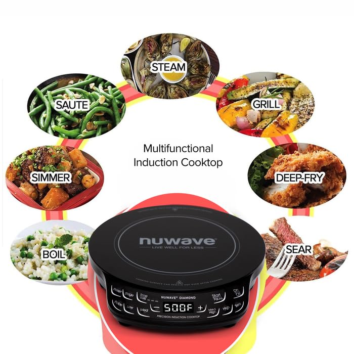 Nuwave Diamond Induction Cooktop, New & Improved Electric Burner with Probe, 91 Temps 50°F to 500°F, 6.5” Heating Coil, Shatter-Proof Ceramic Glass, 3 Wattage Settings, Ideal for Dorms, RVs & Apts