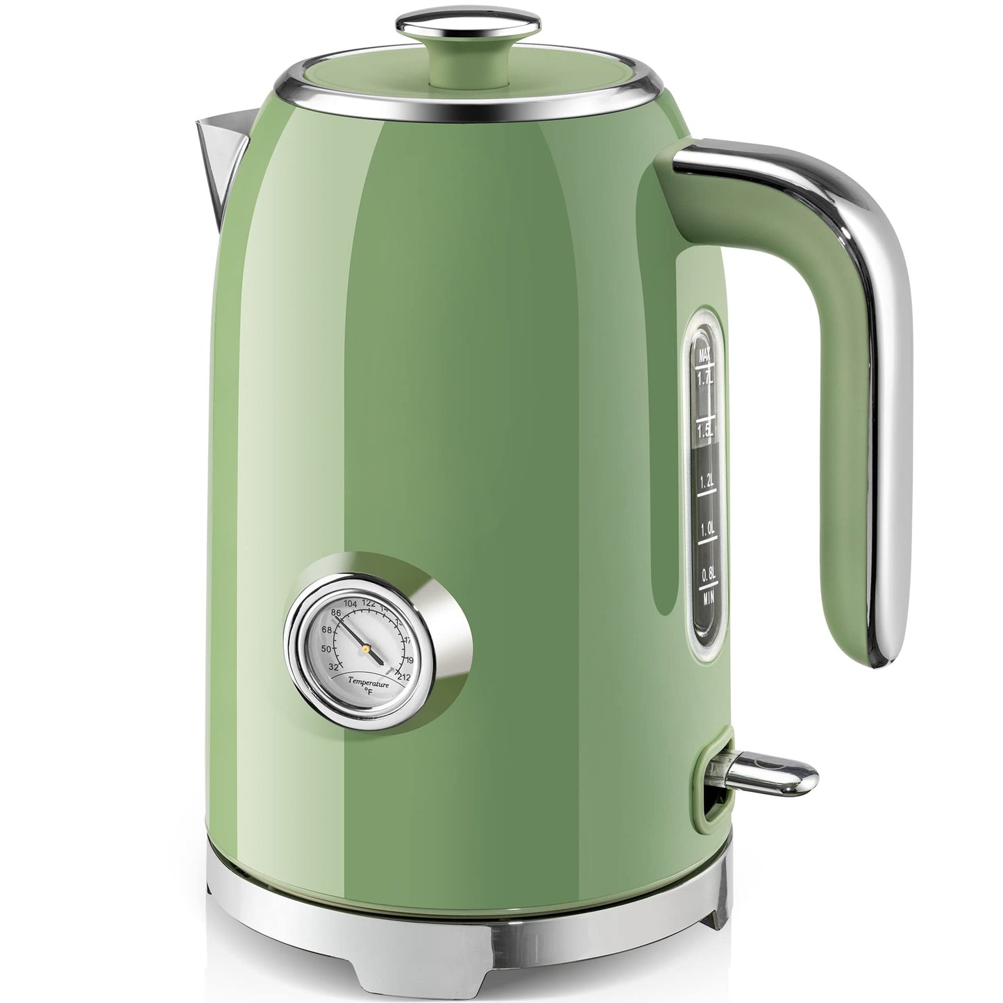 SUSTEAS Electric Kettle - 57oz Hot Tea Water Boiler with Thermometer, 1500W Fast Heating Stainless Steel Pot, Cordless LED Indicator, Auto Shut-Off & Boil Dry Protection, Retro Green