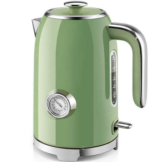 SUSTEAS Electric Kettle - 57oz Hot Tea Water Boiler with Thermometer, 1500W Fast Heating Stainless Steel Pot, Cordless LED Indicator, Auto Shut-Off & Boil Dry Protection, Retro Green